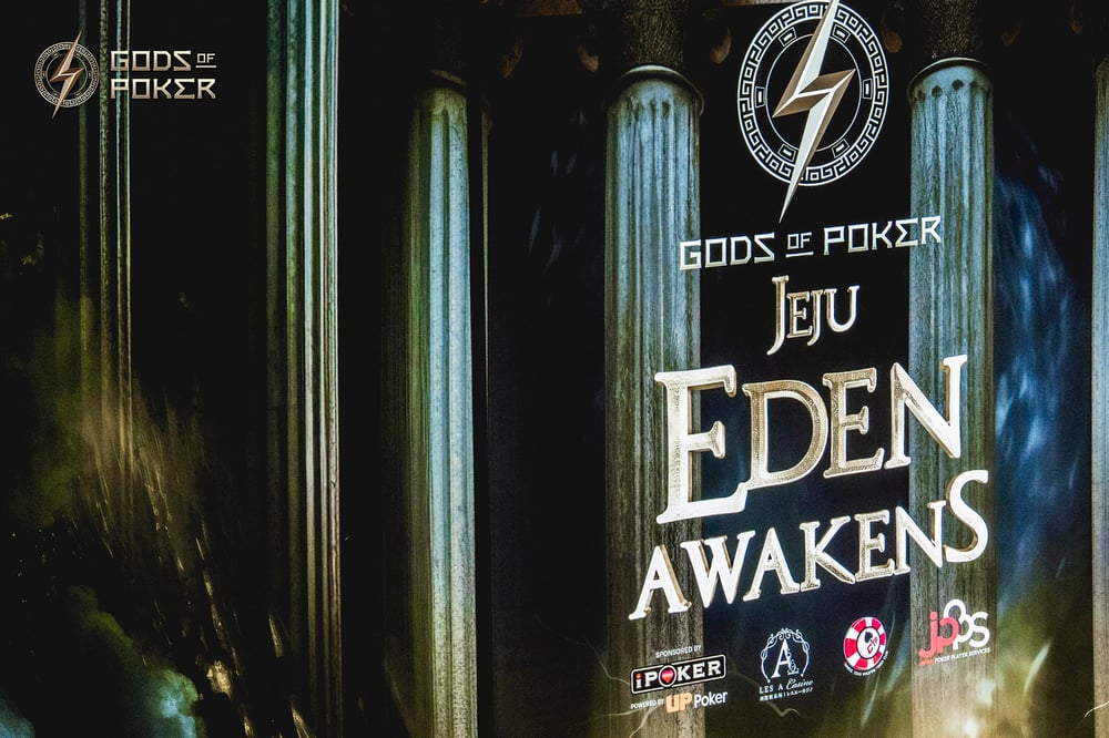 Gods of Poker presents Eden Awakens, a poker event in Jeju, featuring various partner logos.