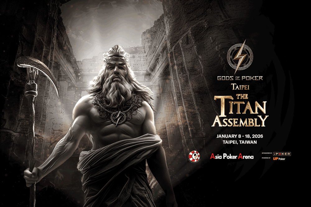 Bearded god-like figure holding a scythe, advertising "The Titan Assembly" poker event.
